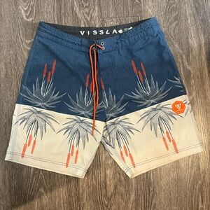 VISSLA TWO TONED BLUE AND CREAM BOARD SHORT SWIM SUIT BOTTOMS WITH TIE WAIST